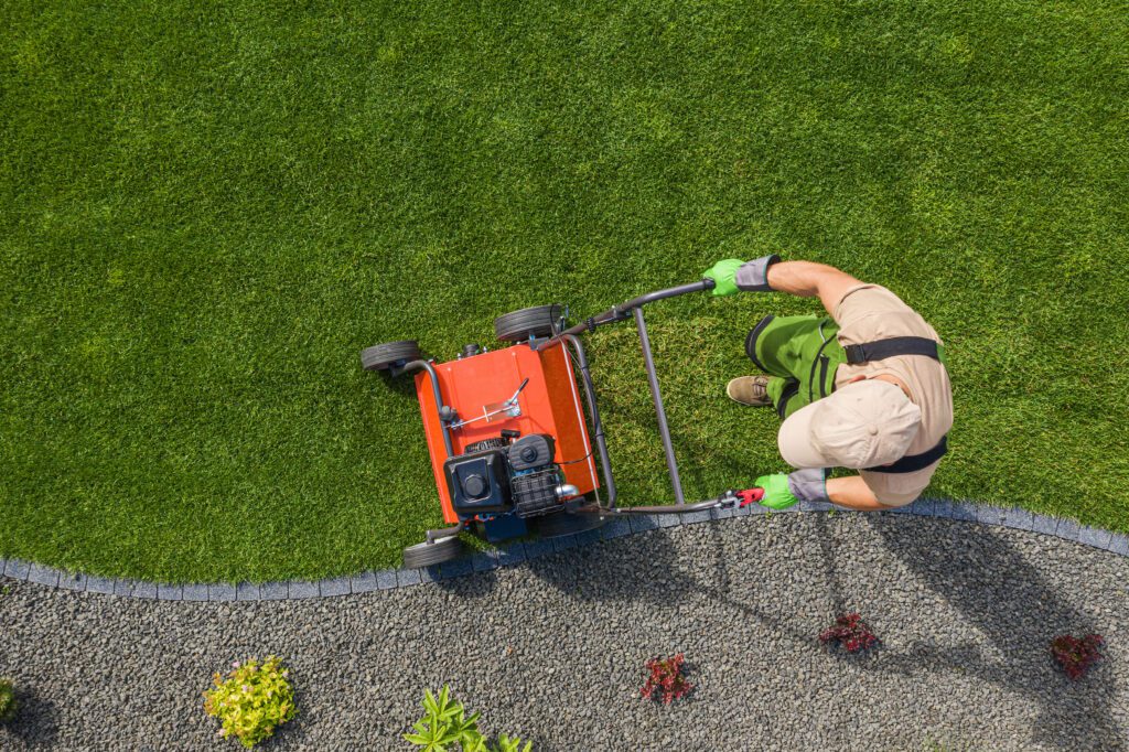 Gardener aerating his lawn with Husqvarna aerator