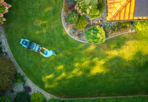 Man Mowing a Lush Green Lawn in a Well-Maintained Garden
